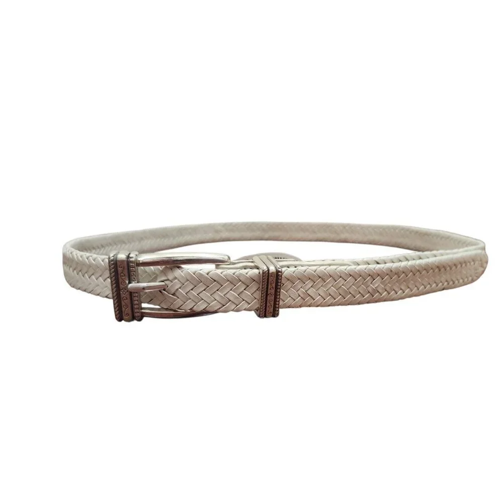Talbots Women's White Woven Belt Size M Braided Leather Silver Buckle